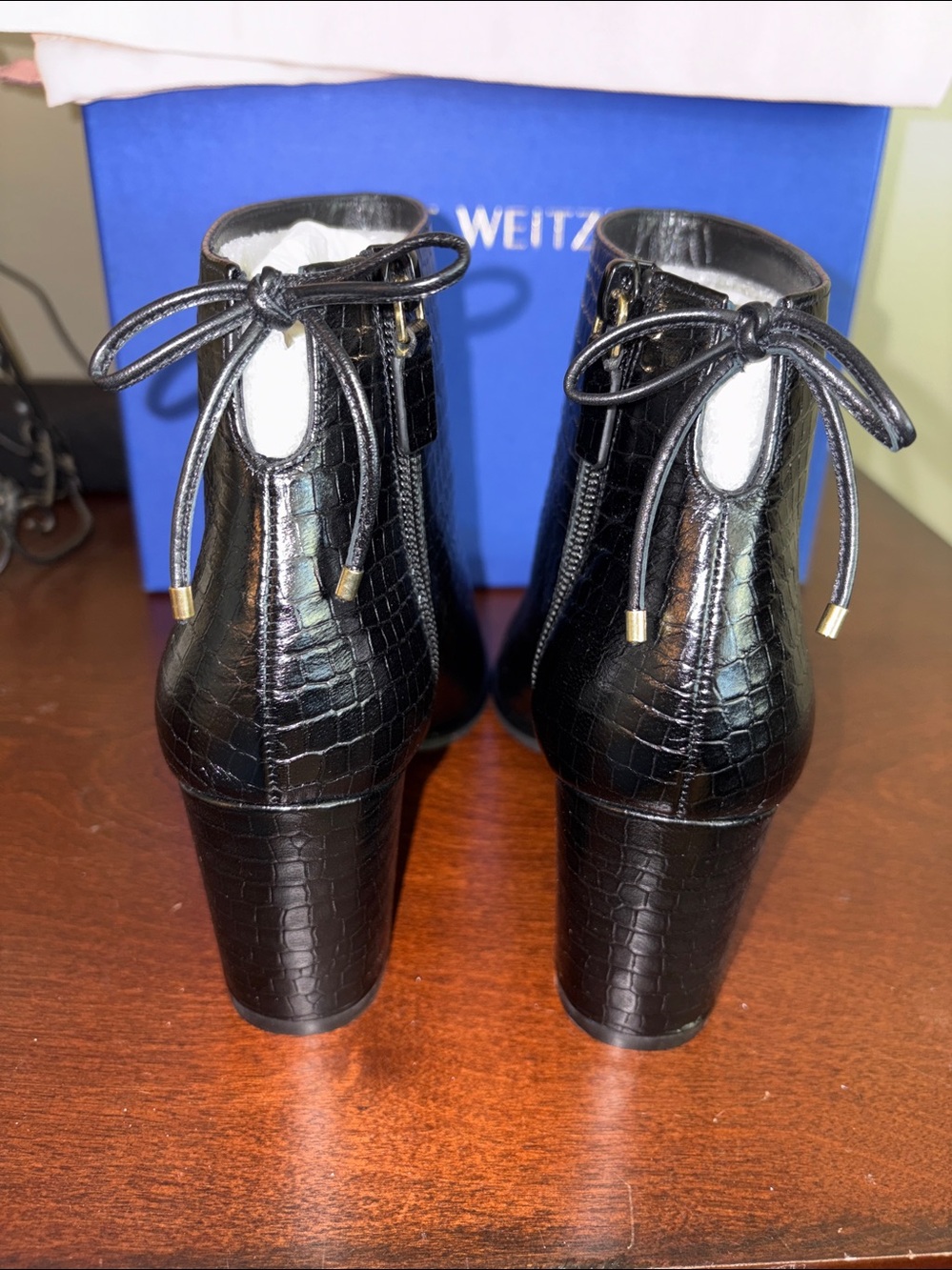 Stuart Weitzman Black Croc-Embossed Leather Gardiner Dress Booties -Size 7.5 NIB - Picture 7 of 16
